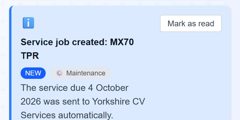 Zohti alert: the service due 4 October was sent to Yorkshire CV Services automatically