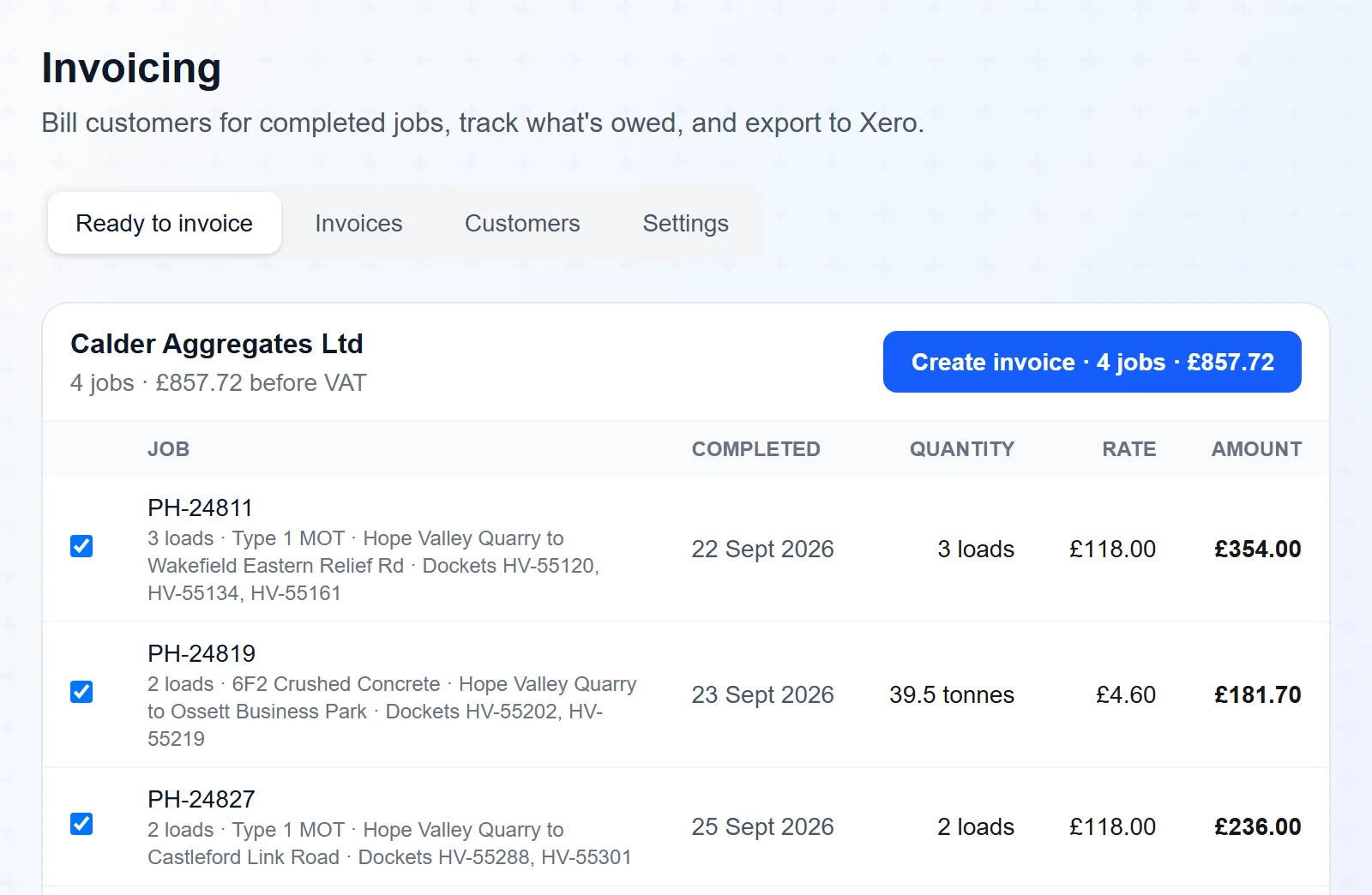 Bill customers: Completed jobs become invoices